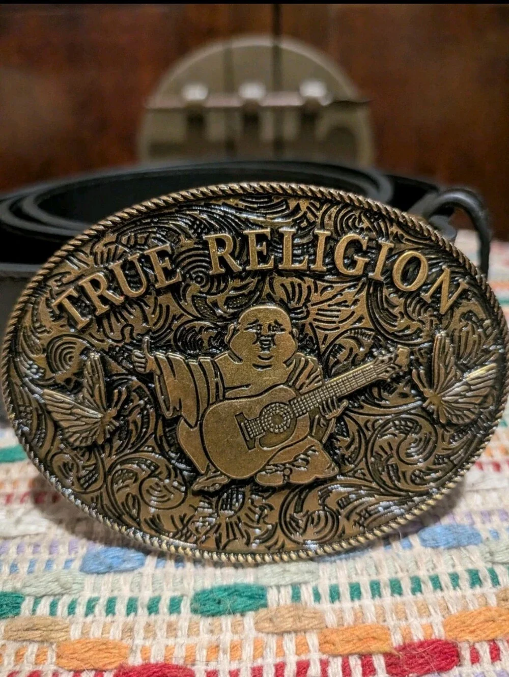 NWOT True Religion Buddha Guitar Brass Oval Buckle Black Belt 33